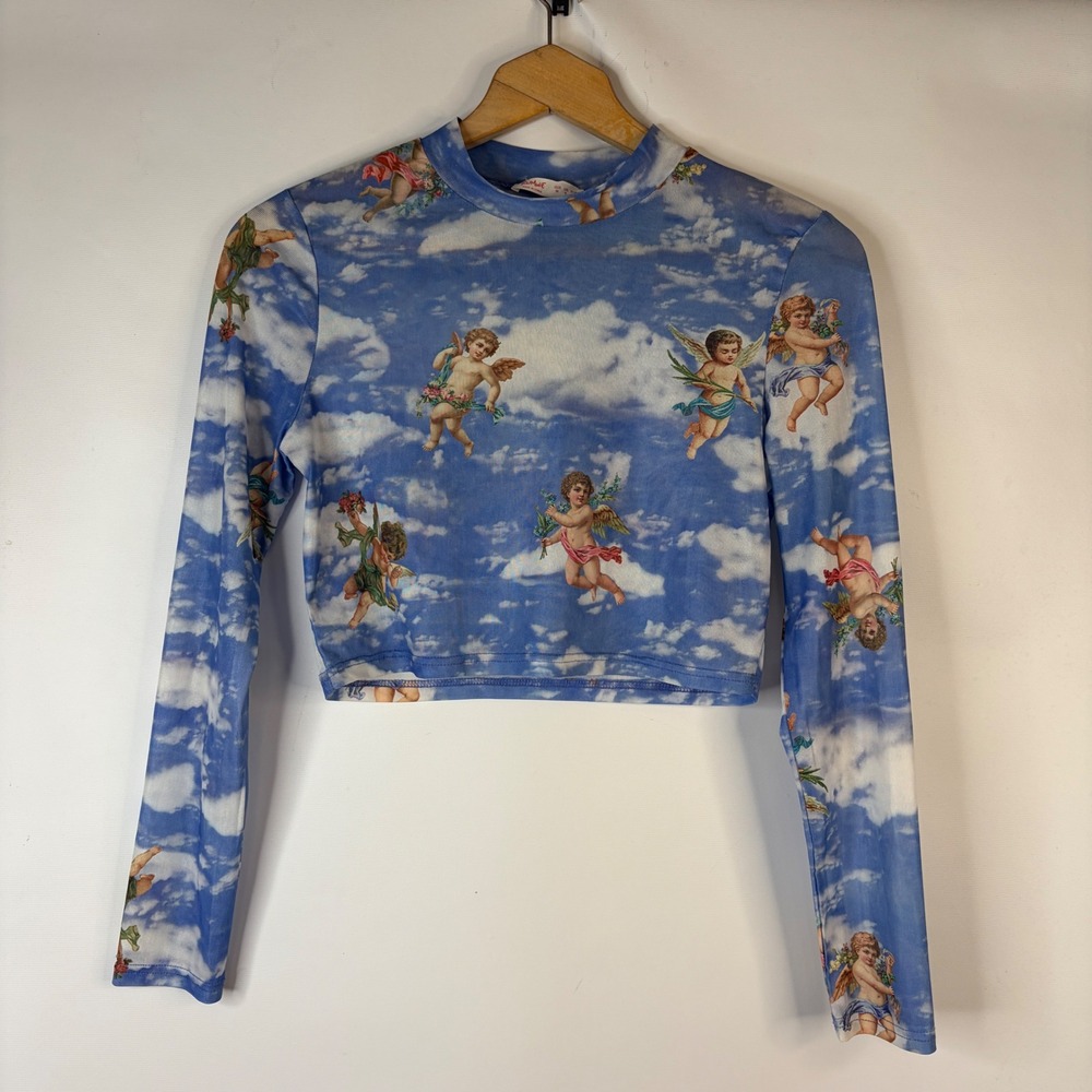Romwe Crop Top Womens Medium Blue Angel Cherub Cloud Mesh Long Sleeve